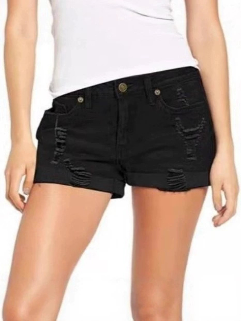 ZARA Summer Ripped Raw Hem Cuffed Trendy Classic Black Womens Denim Shorts